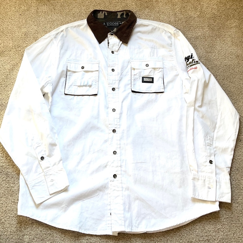 COOGI Button Down Shirt XXL White Contrast Brown Collar Luxury Streetwear